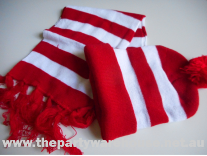 Red and White Striped Beanie and Scarf